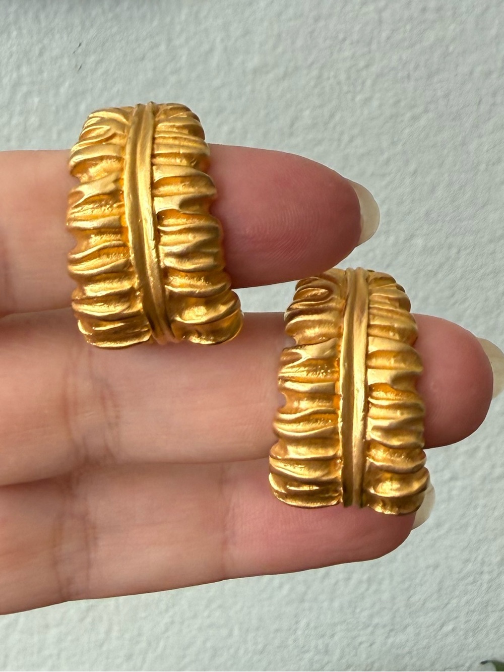 Vintage Matte Gold Clip on Hoop with Feather or Textured Leaf Design Earrings